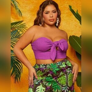 Women's Sexy Strapless Bow Front Ribbed Crop Top Sleeveless Sweetheart Neck